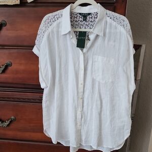 New w/t, Lauren by Ralph Lauren White Linen Button-Up with Lace Trim
